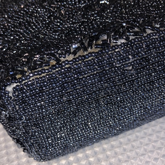 Silver Beaded Bag Braided Double Handle 3-D Floral Pattern Satin Lined 12”x8”x3” - Picture 15 of 17